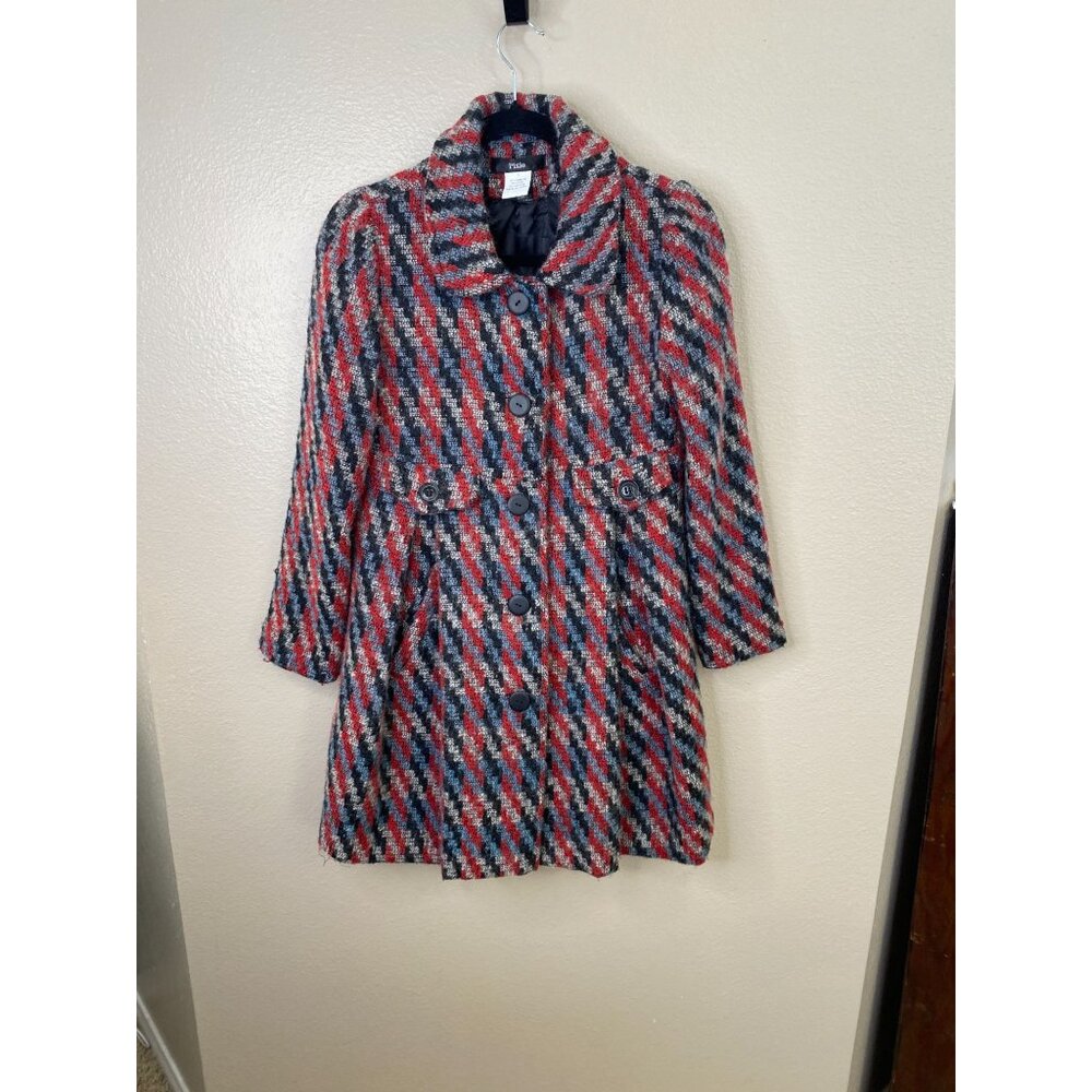 Pixie Wool-Blend Plaid Peacoat Womens S Red/Black Button Up Long Sleeve Coat